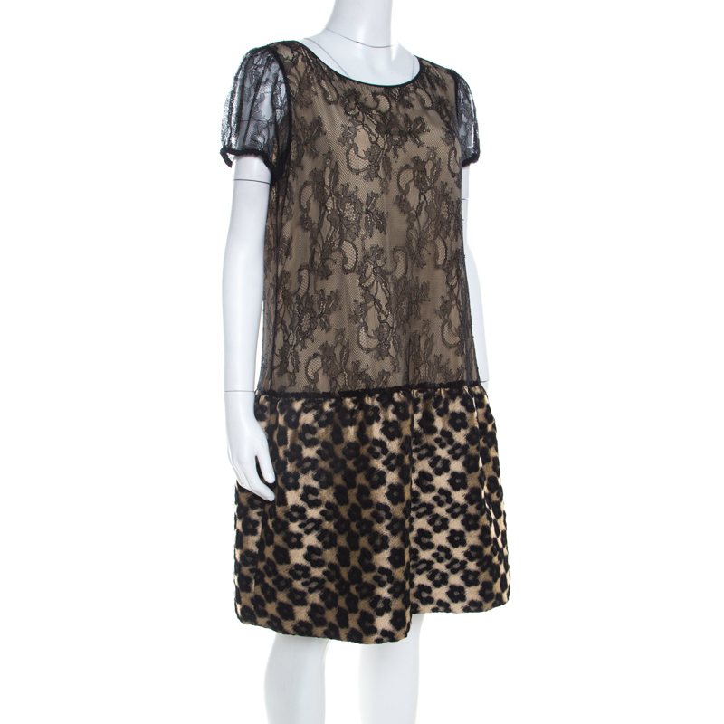 

RED Valentino Black Floral Lace and Jacquard Paneled Short Sleeve Dress, Beige