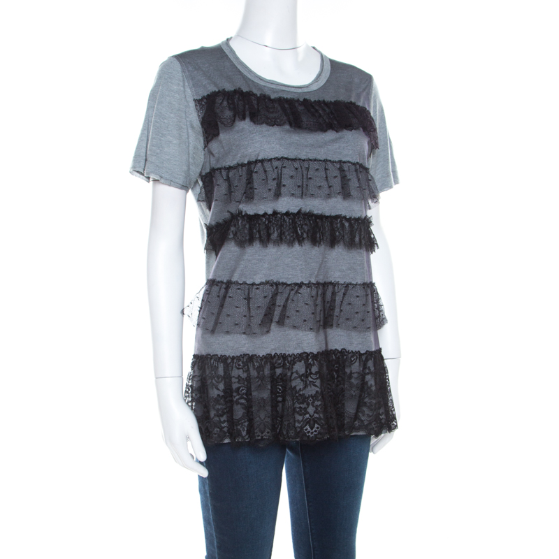 

Red Valentino Grey Ruffled Lace and Jersey Short Sleeve T Shirt