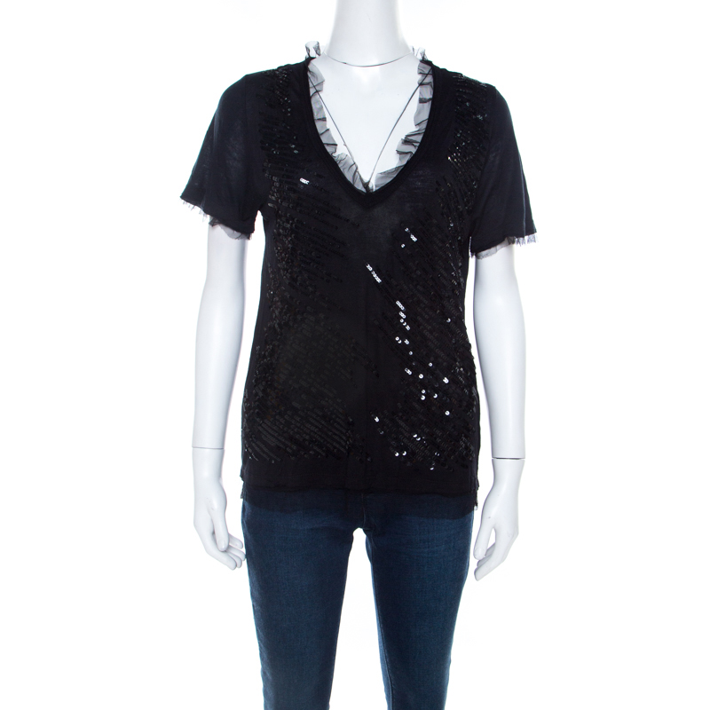

RED Valentino Black Knit Sequined Lace Trim V Neck Top