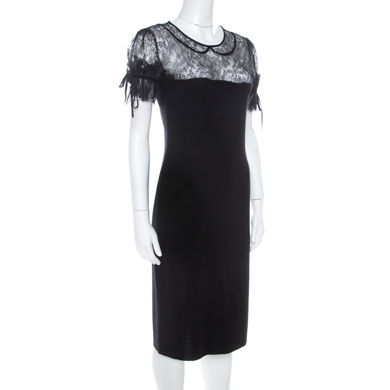 

RED Valentino Black Wool Jersey Floral Lace Trim Midi Dress