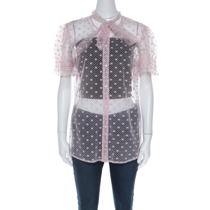 

Red Valentino Pale Pink Tulle Bow Tie Detail Sheer Blouse L