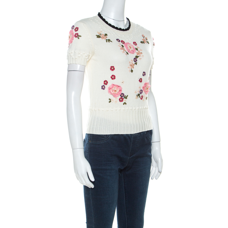

RED Valentino Cream Floral Applique Cotton Knit Top