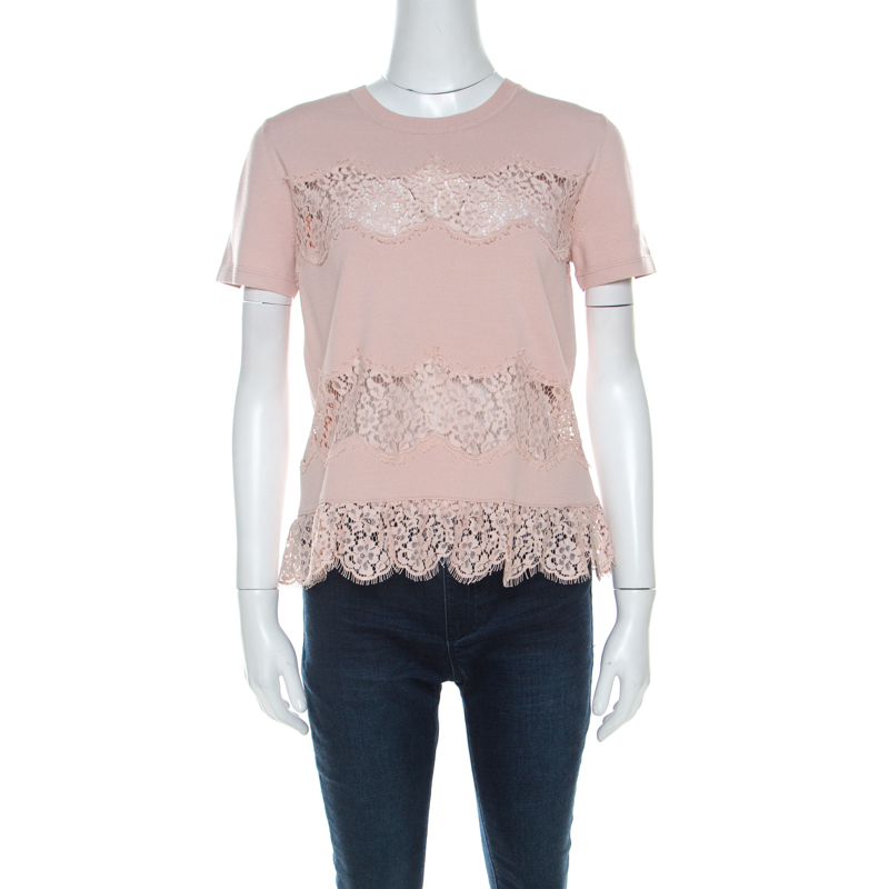 Pre Owned RED Valentino Blush Pink Knit Sheer Lace Paneled Crew Neck Top M