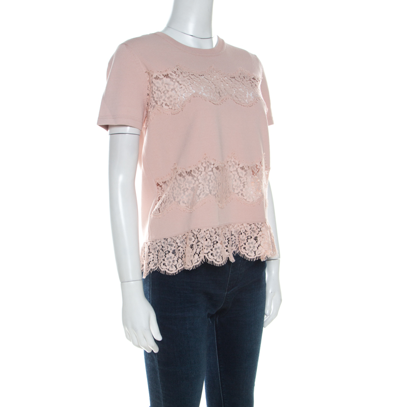 

RED Valentino Blush Pink Knit Sheer Lace Paneled Crew Neck Top