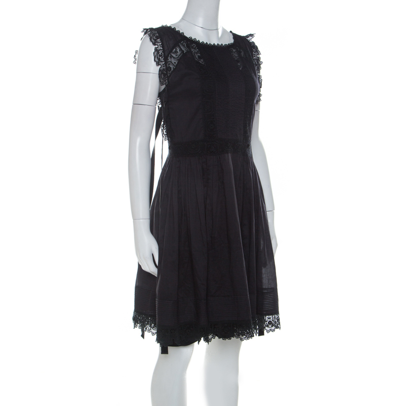 

RED Valentino Black Cotton Pintucked Lace Trim Dress