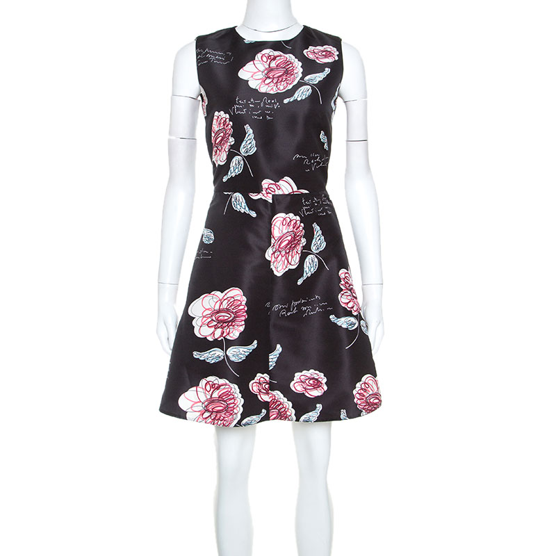 Pre Owned Red Valentino Black Floral Printed Sleeveless Cocktail Dress S