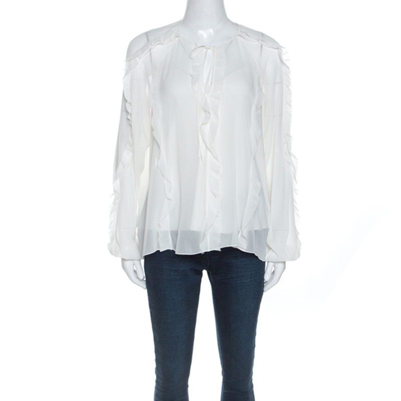 Pre Owned RED Valentino White Silk Ruffle Trim Blouse M