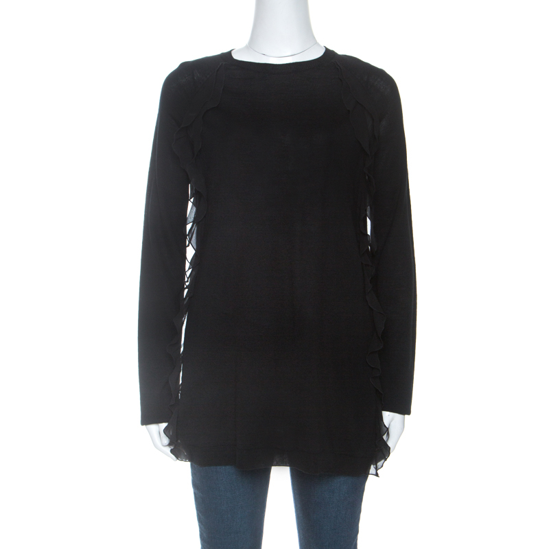 Pre Owned RED Valentino Black Wool Ruffle Trim Detail Long Sleeve Top M