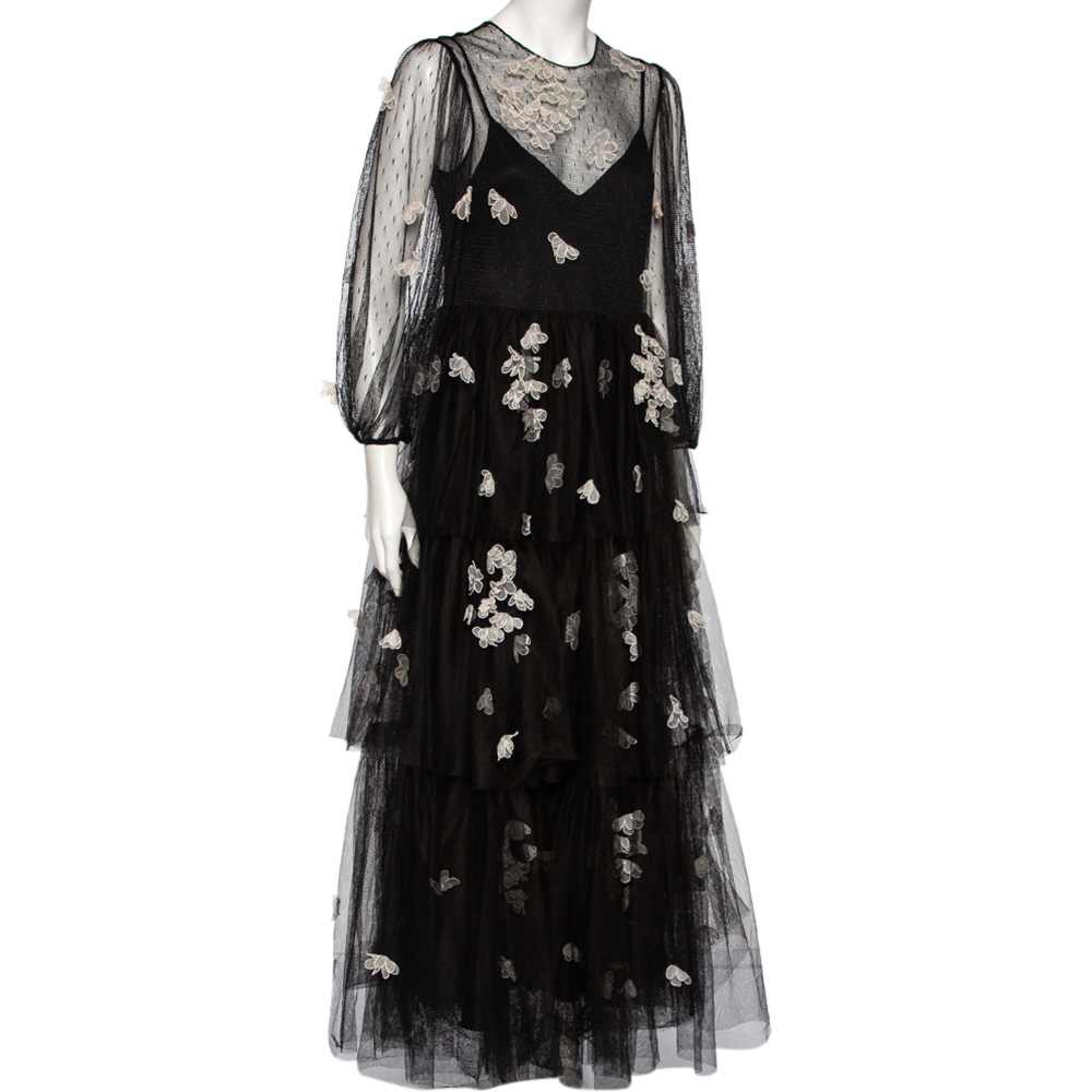 

RED Valentino Black Tulle Floral Applique Detail Tiered Point D'esprit Gown