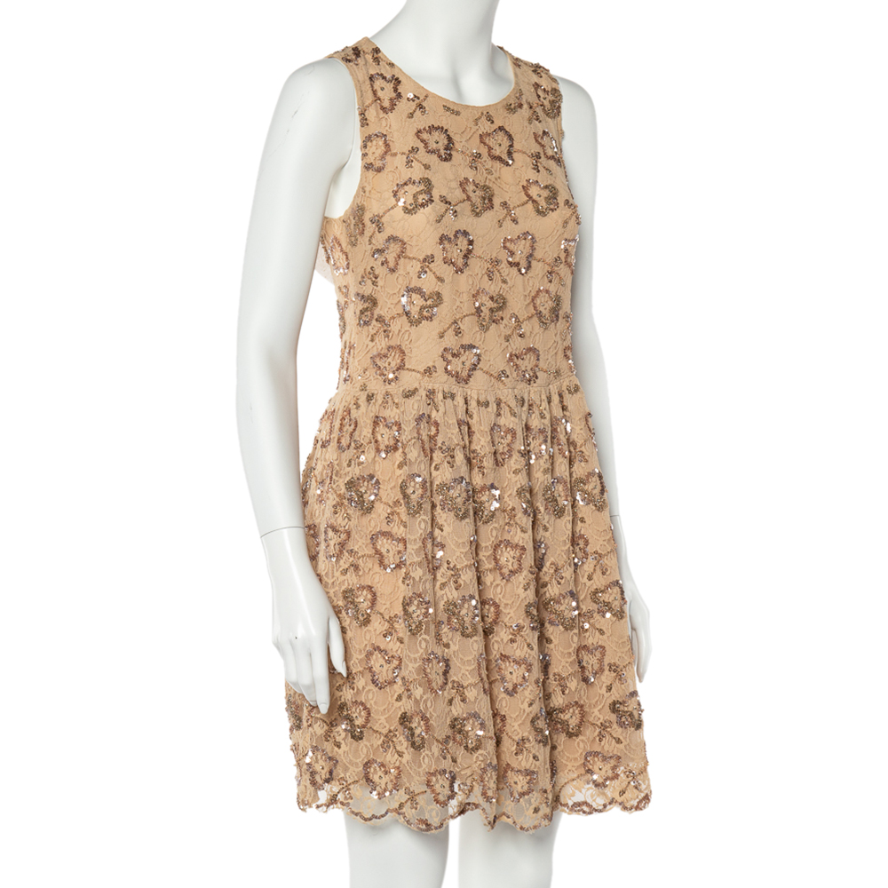 

RED Valentino Beige Embellished Lace Bow Detail Mini Dress