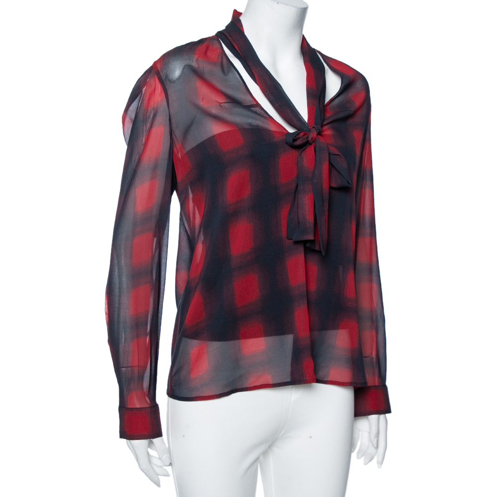 

RED Valentino Navy Blue Plaid Print Silk Tie-Neck Detail Blouse