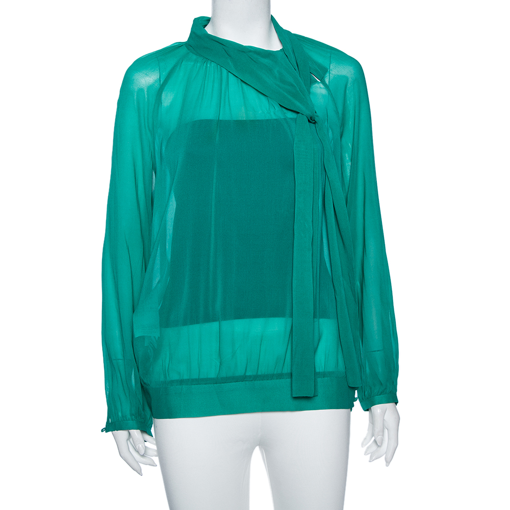 

RED Valentino Teal Silk Topstitch Pleated Shoulder Detail Blouse, Green