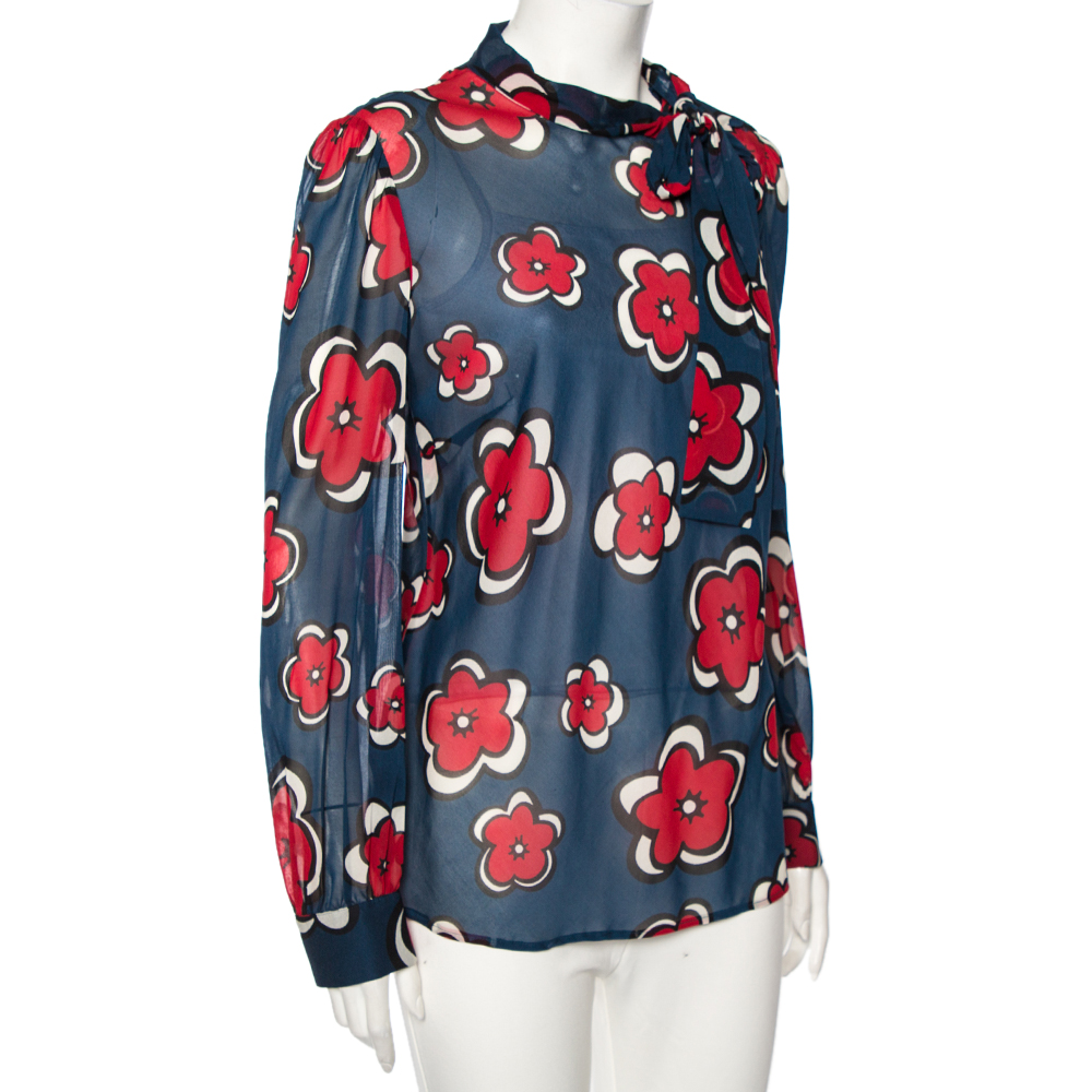 

RED Valentino Navy Blue Floral Printed Silk Buttoned Shoulder Detail Blouse