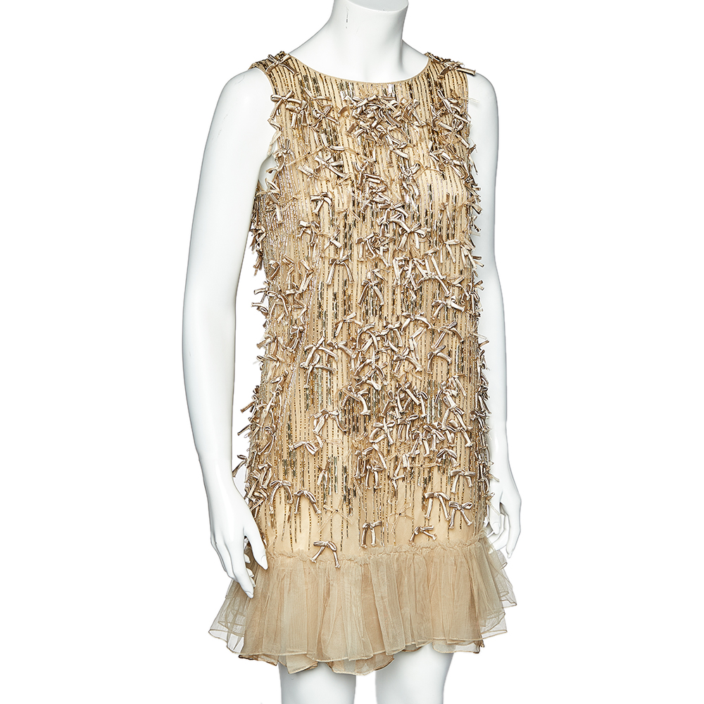 

Red Valentino Beige Sequined Embellished Tulle Sleeveless Shift Dress
