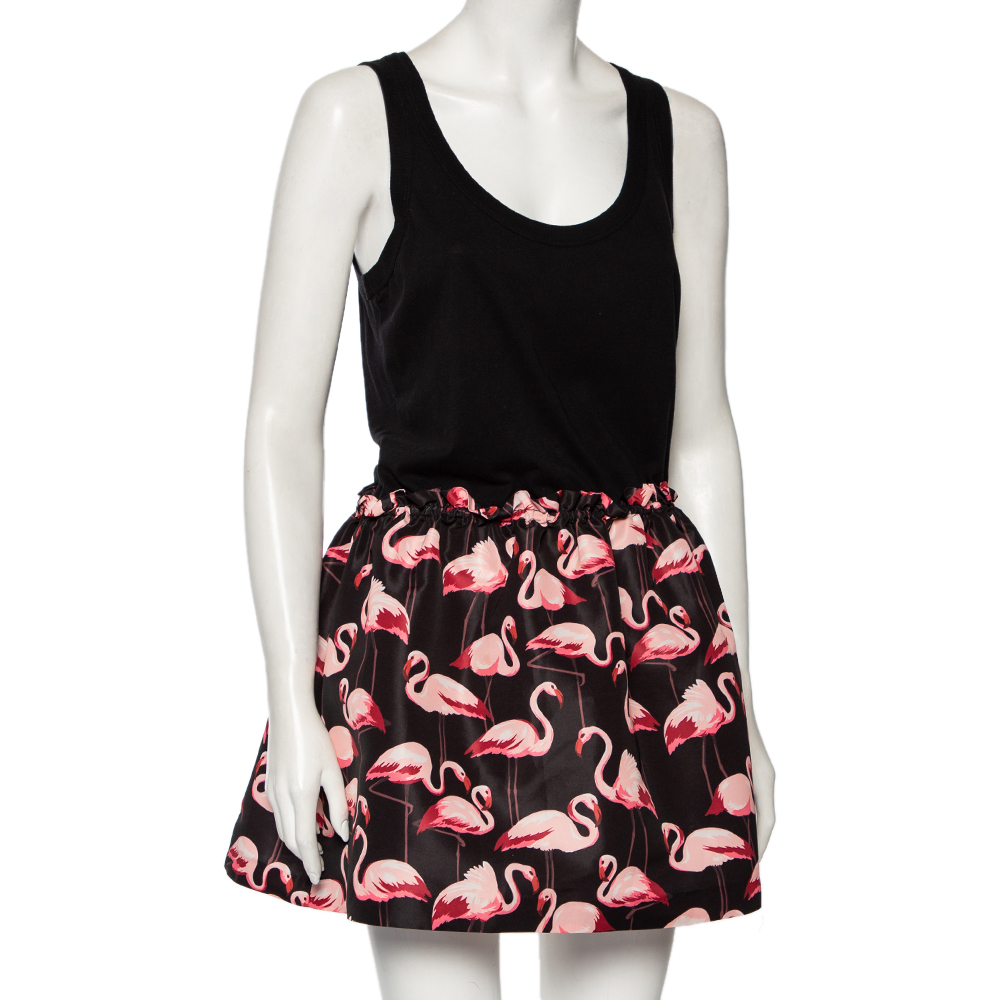 

RED Valentino Black Cotton Knit And Flamingo Printed Sleeveless Mini Dress