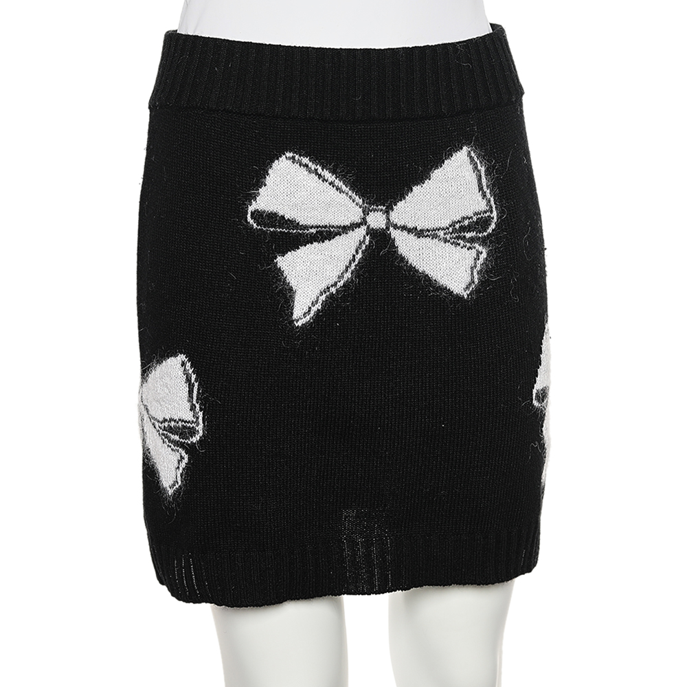 

RED Valentino Monochrome Bow Jacquard Intarsia Knit Skirt, Black