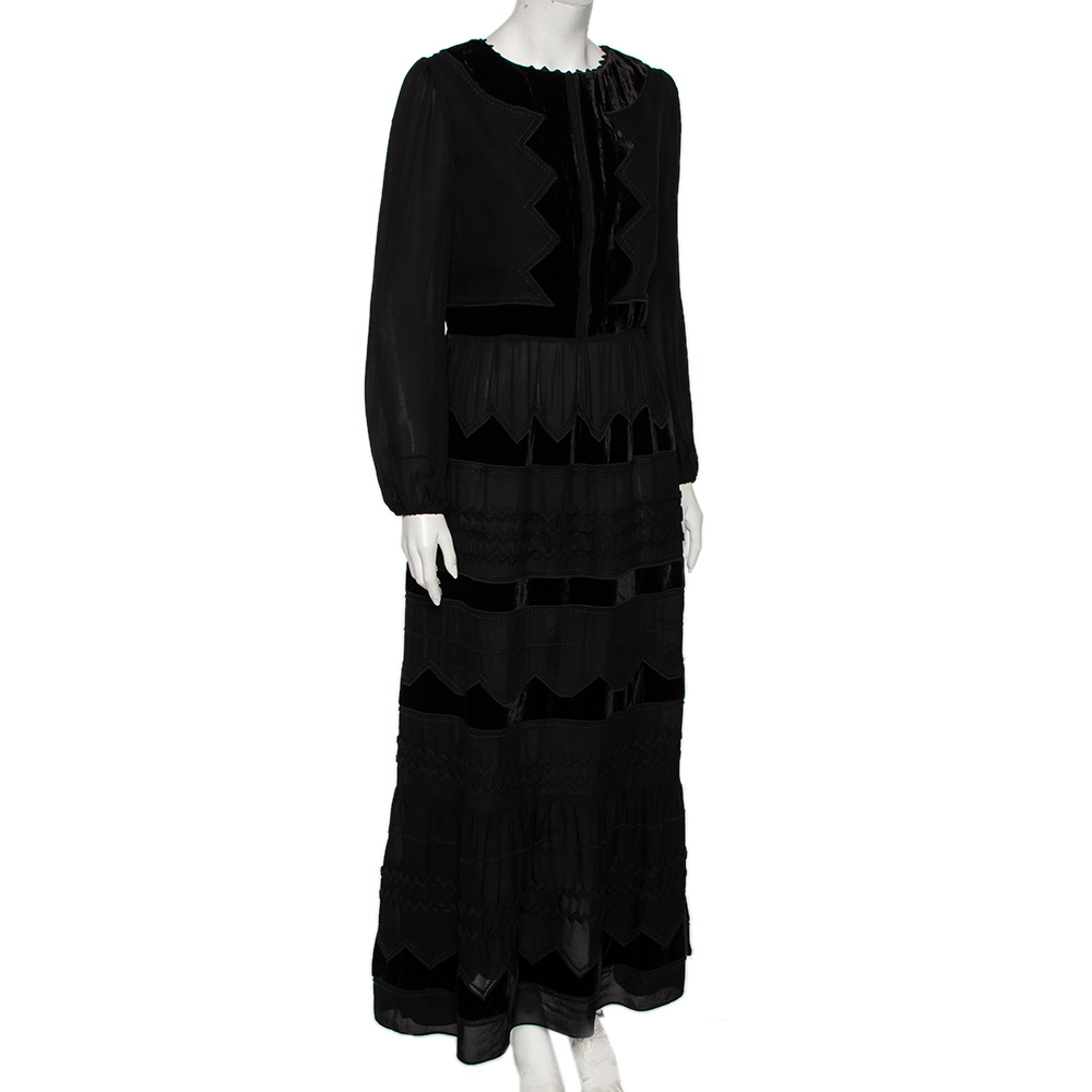 

RED Valentino Black Thick Silk & Velvet Inset Detailed Maxi Dress