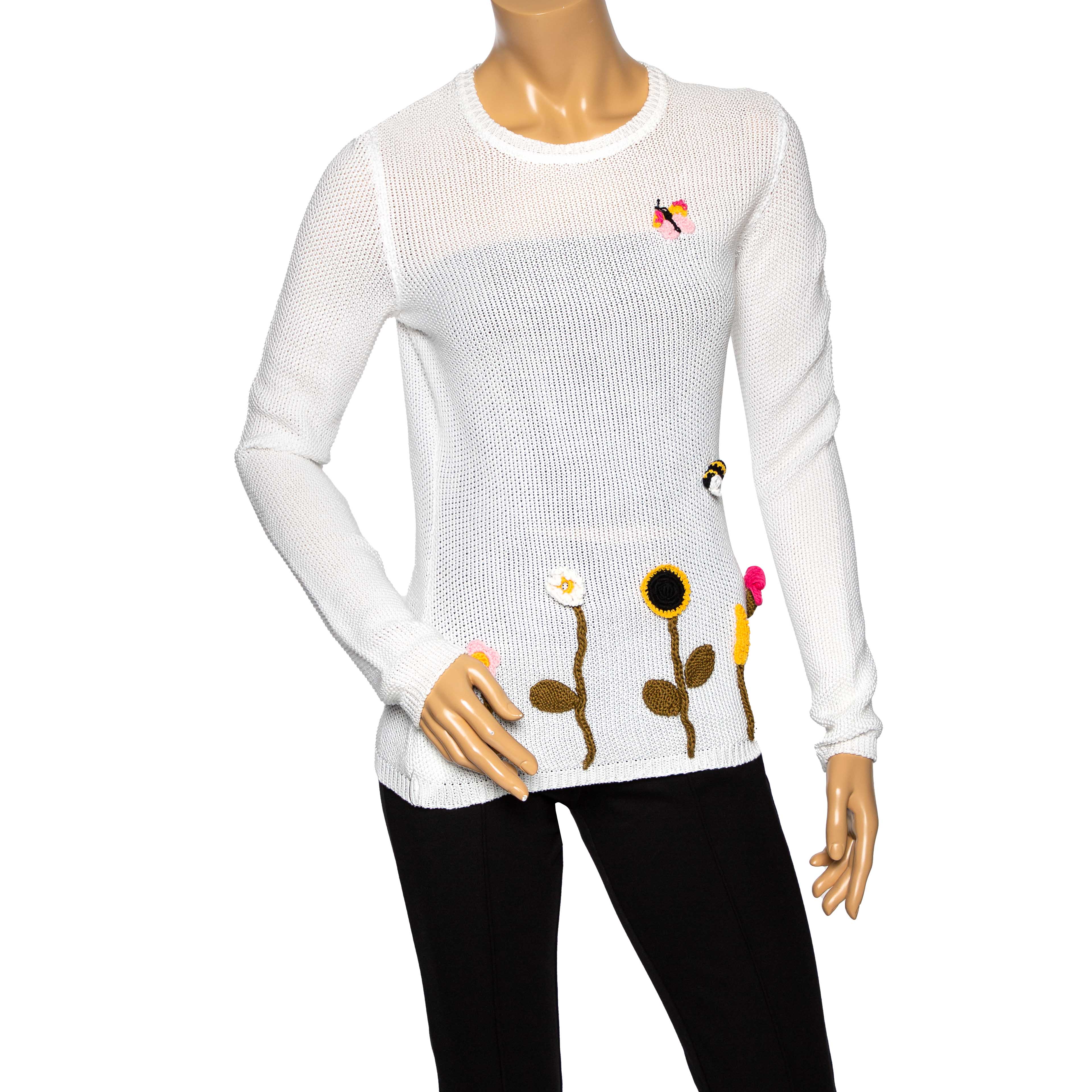 

RED Valentino White Cotton Knit Floral Appliqued Long Sleeve Jumper