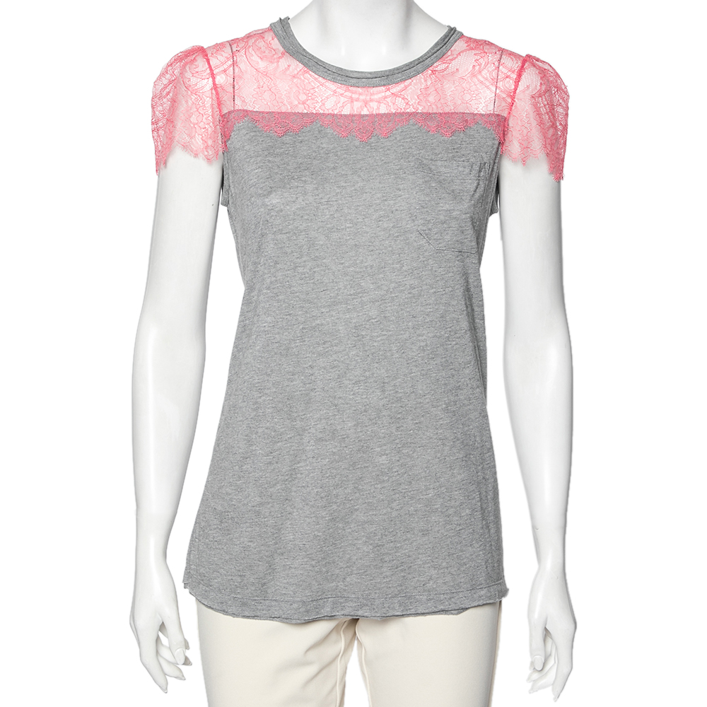 

RED Valentino Grey Cotton & Lace Trimmed Pocket Detailed Top