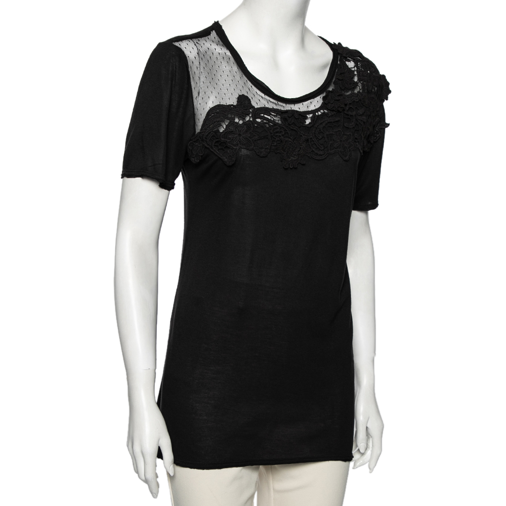 

RED Valentino Black Cotton Lace Trimmed Short Sleeve T-Shirt