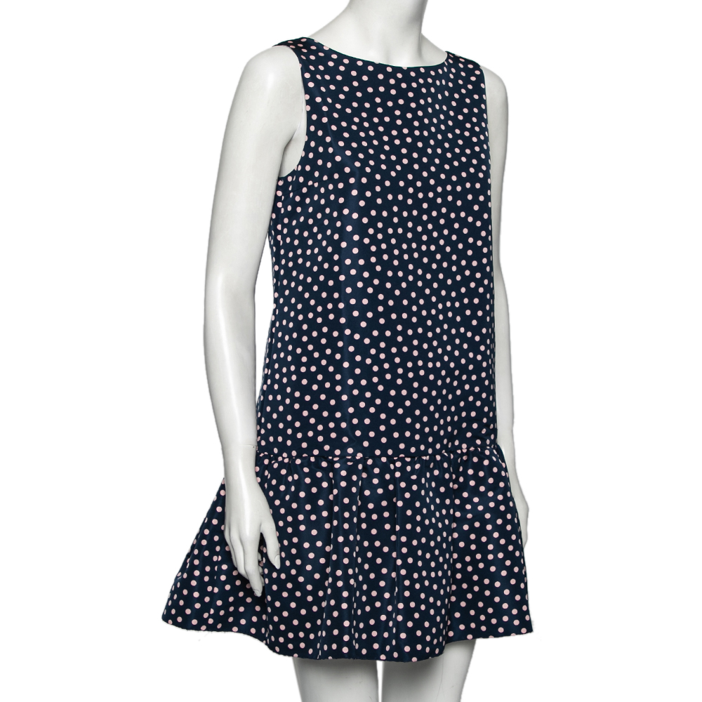 

RED Valentino Navy Blue & Pink Polka Dotted Twill Sleeveless Dress