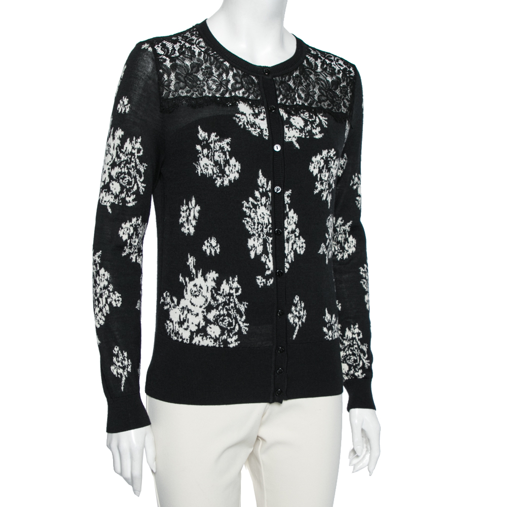 

RED Valentino Black Jacquard Knit Lace Trim Button Front Cardigan