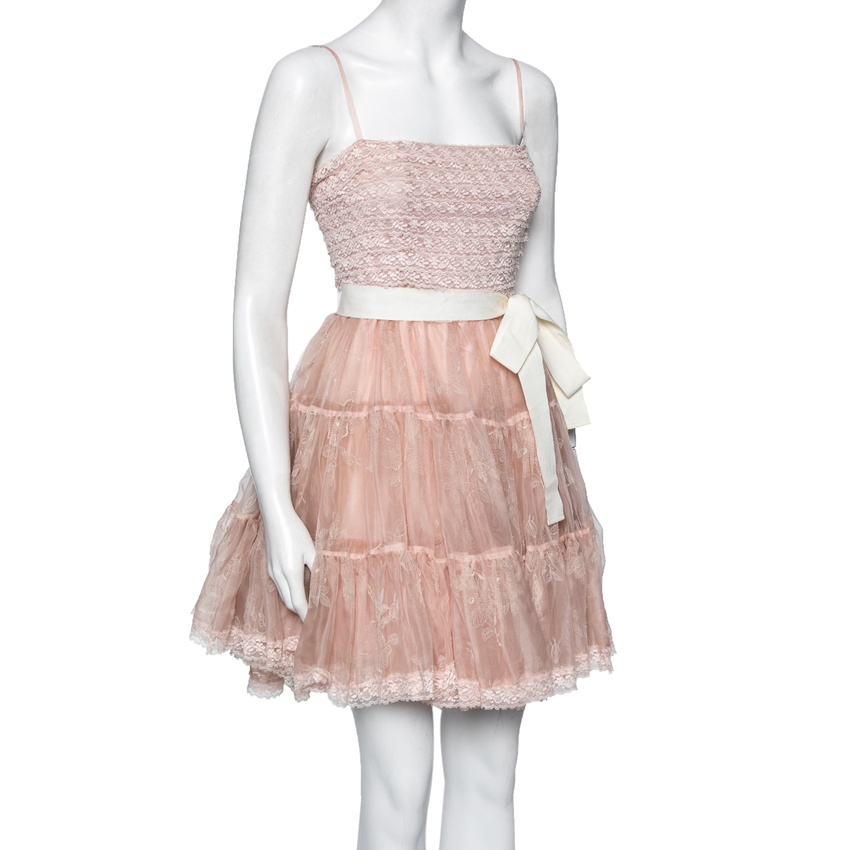 

RED Valentino Pink Synthetic Lace Paneled Tiered Tulle Skirt Dress