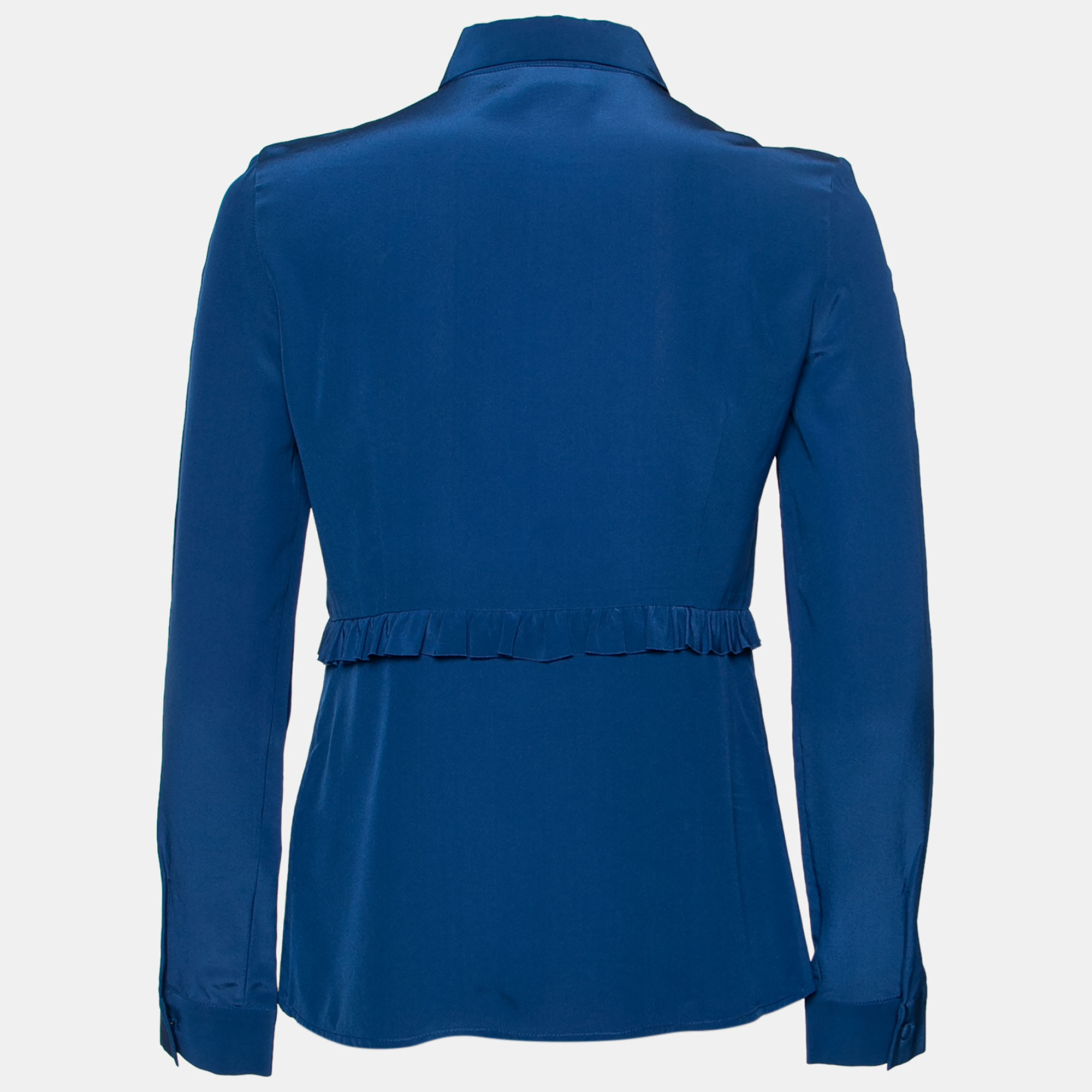

RED Valentino Blue Silk Pleated Front and Ruffle Trim Top