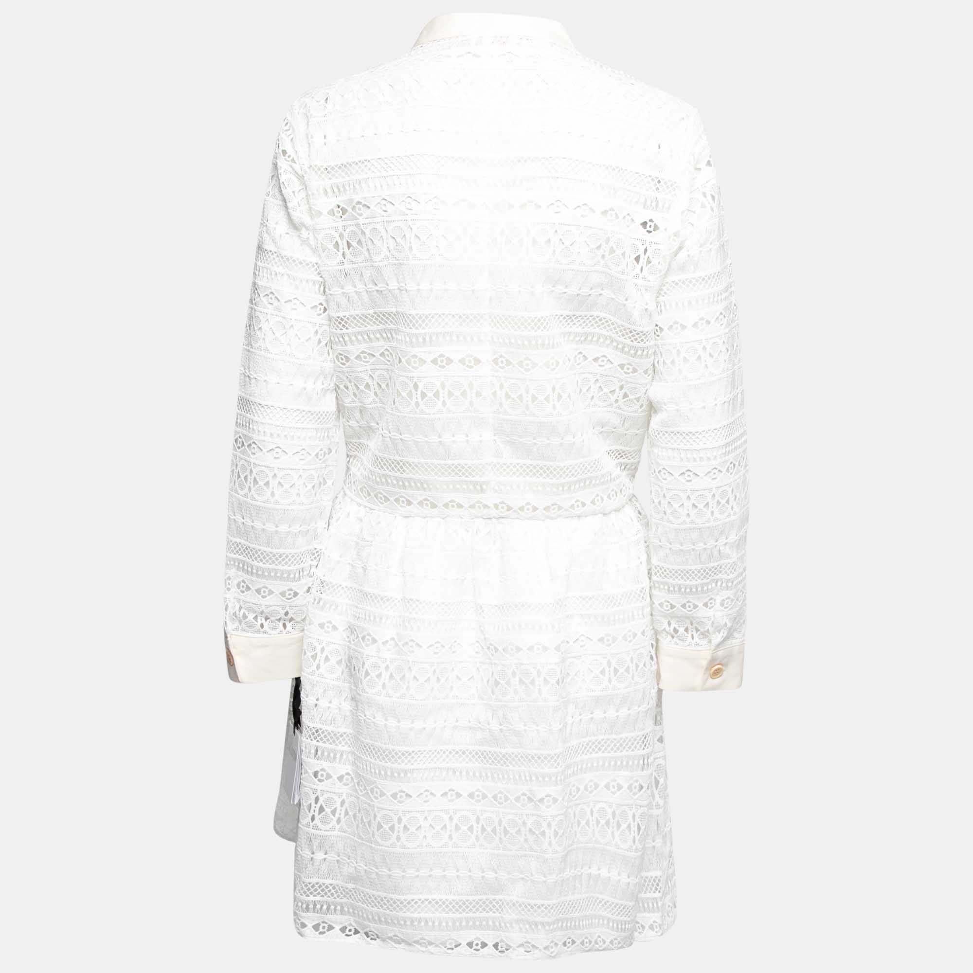 

RED Valentino White Lace Button Front Long Sleeve Midi Dress