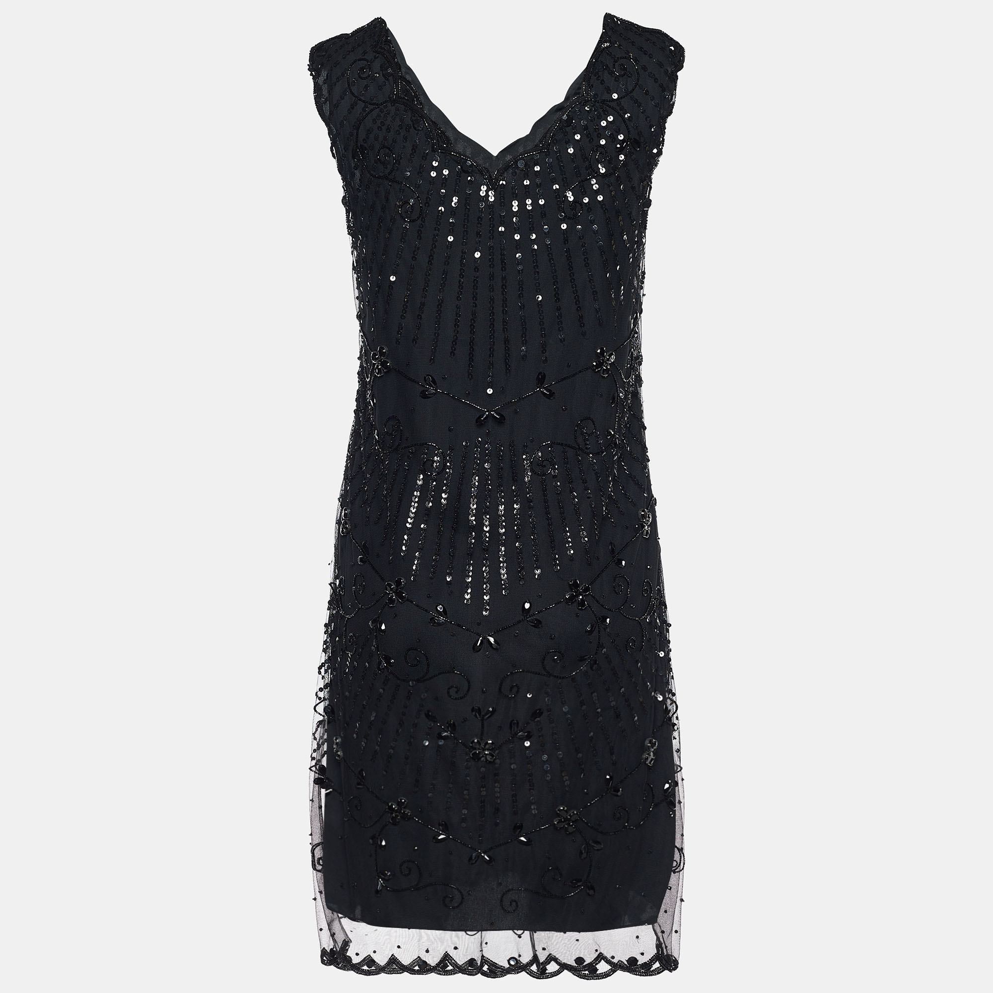 

RED Valentino Black Tulle Sequin Embellished Scalloped Sleeveless Dress