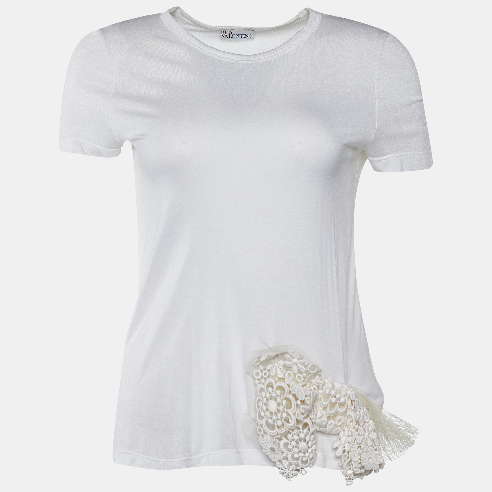 

RED Valentino White Modal Lace Bow Detail Crew Neck Top