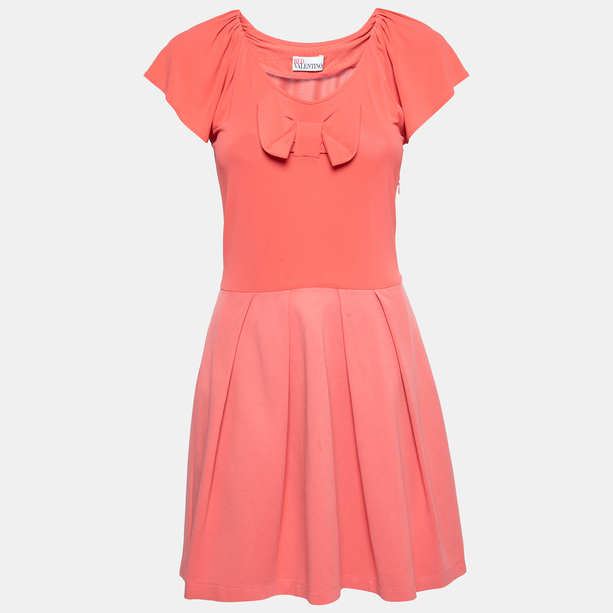 

RED Valentino Coral Pink Jersey & Knit Bow Detail Pleated Dress