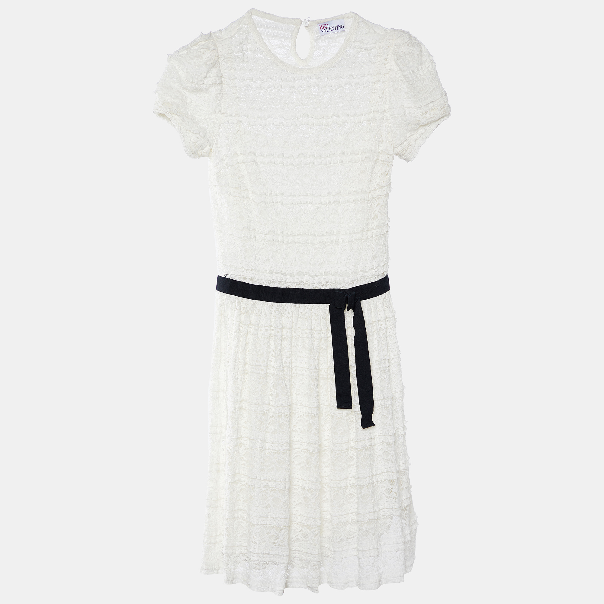 

RED Valentino White Lace Contrast Bow Detail Mini Dress