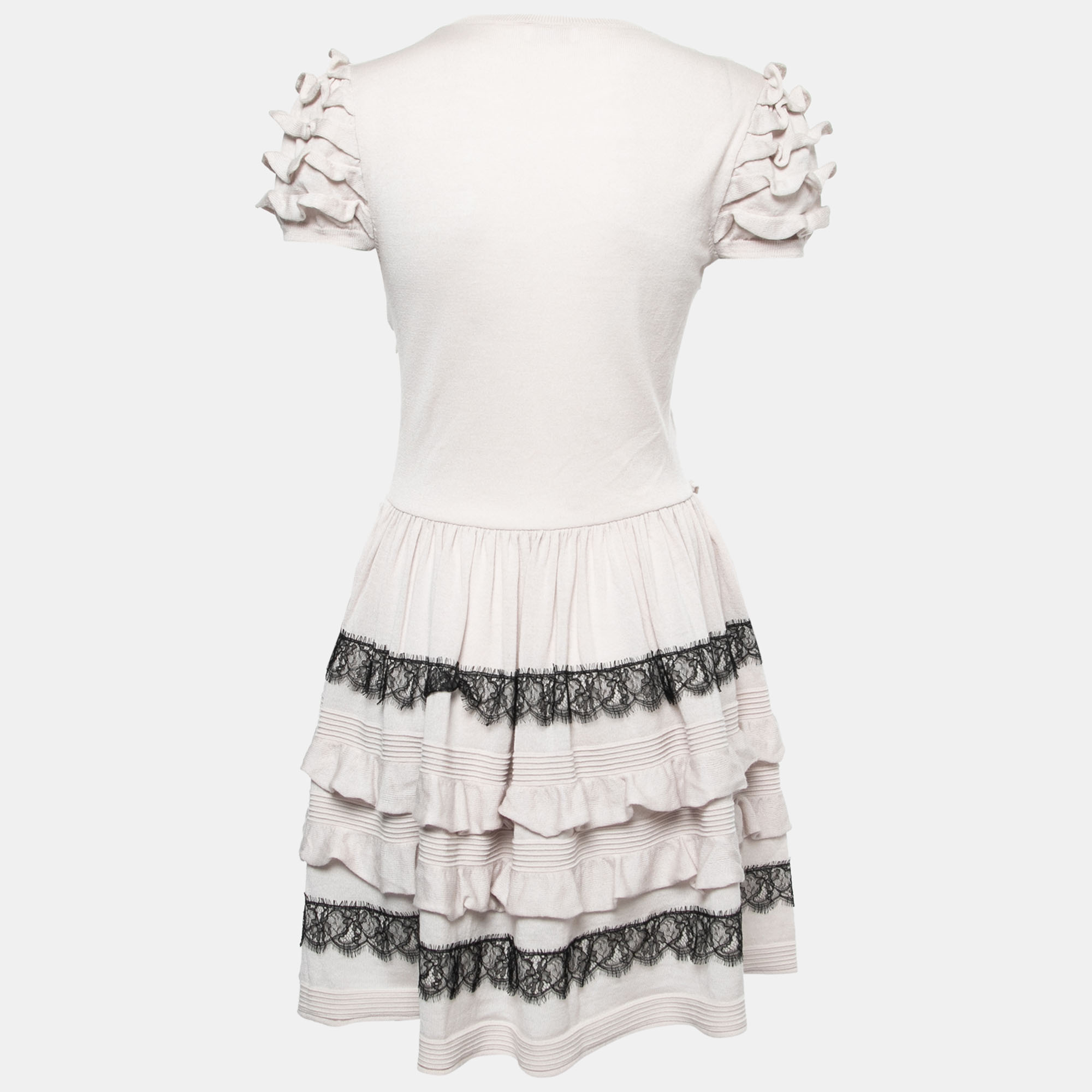

RED Valentino Grey Wool Knit Lace Trim Ruffled Dress