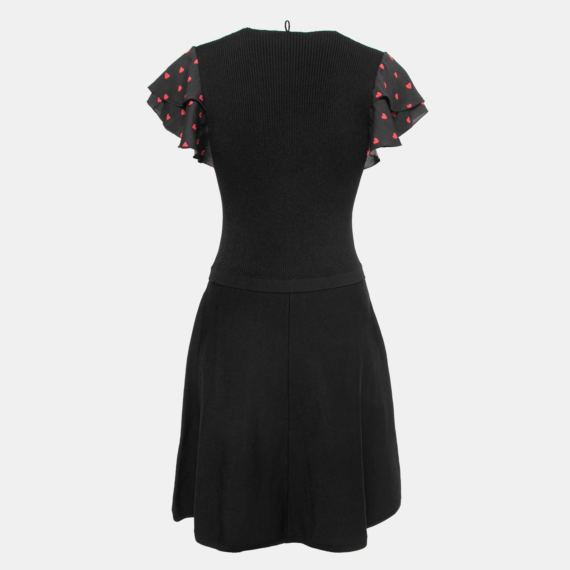 

RED Valentino Black Knit Ruffled Sleeves Midi Dress