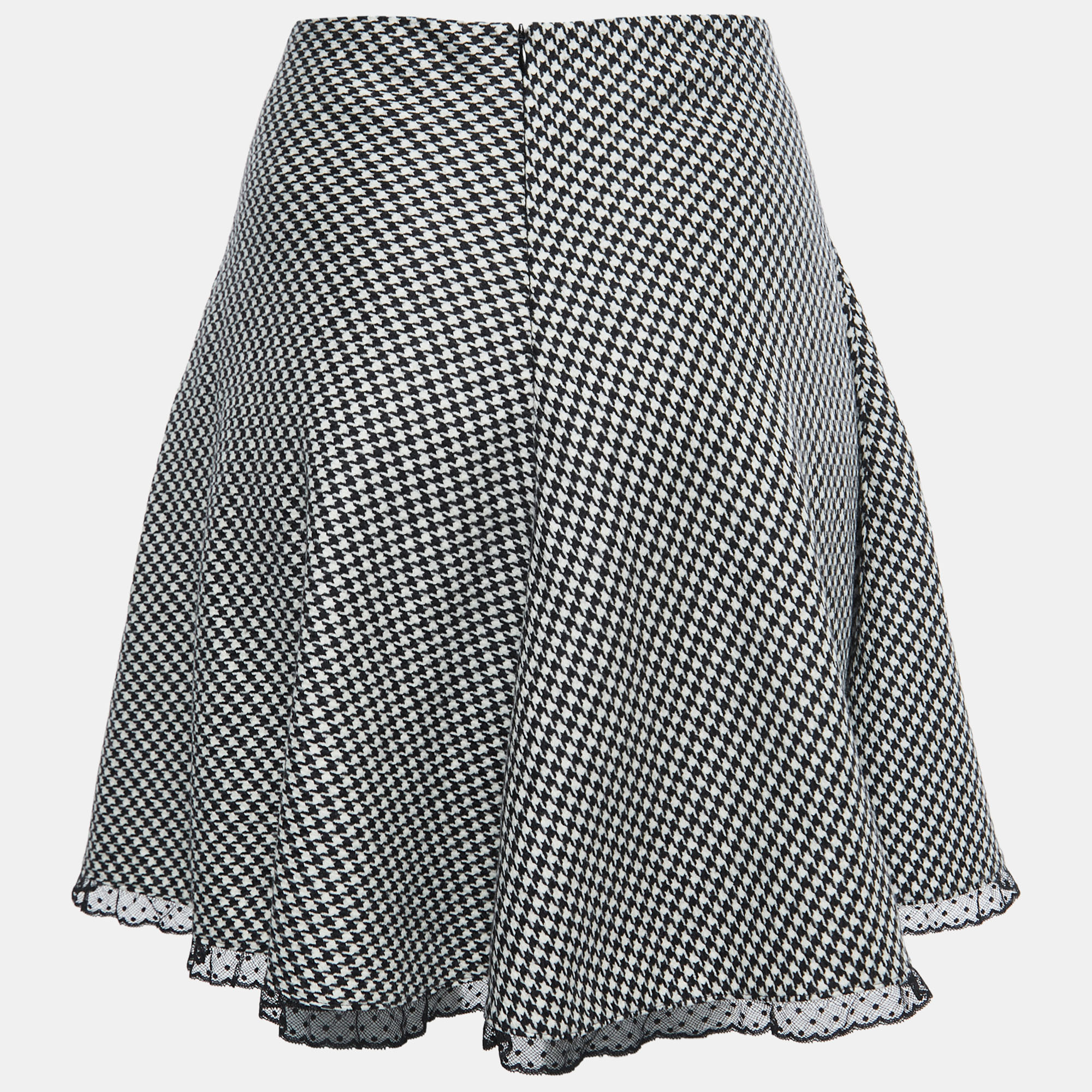 

RED Valentino Black Houndstooth Patterned Wool Lace Trim Mini Skirt