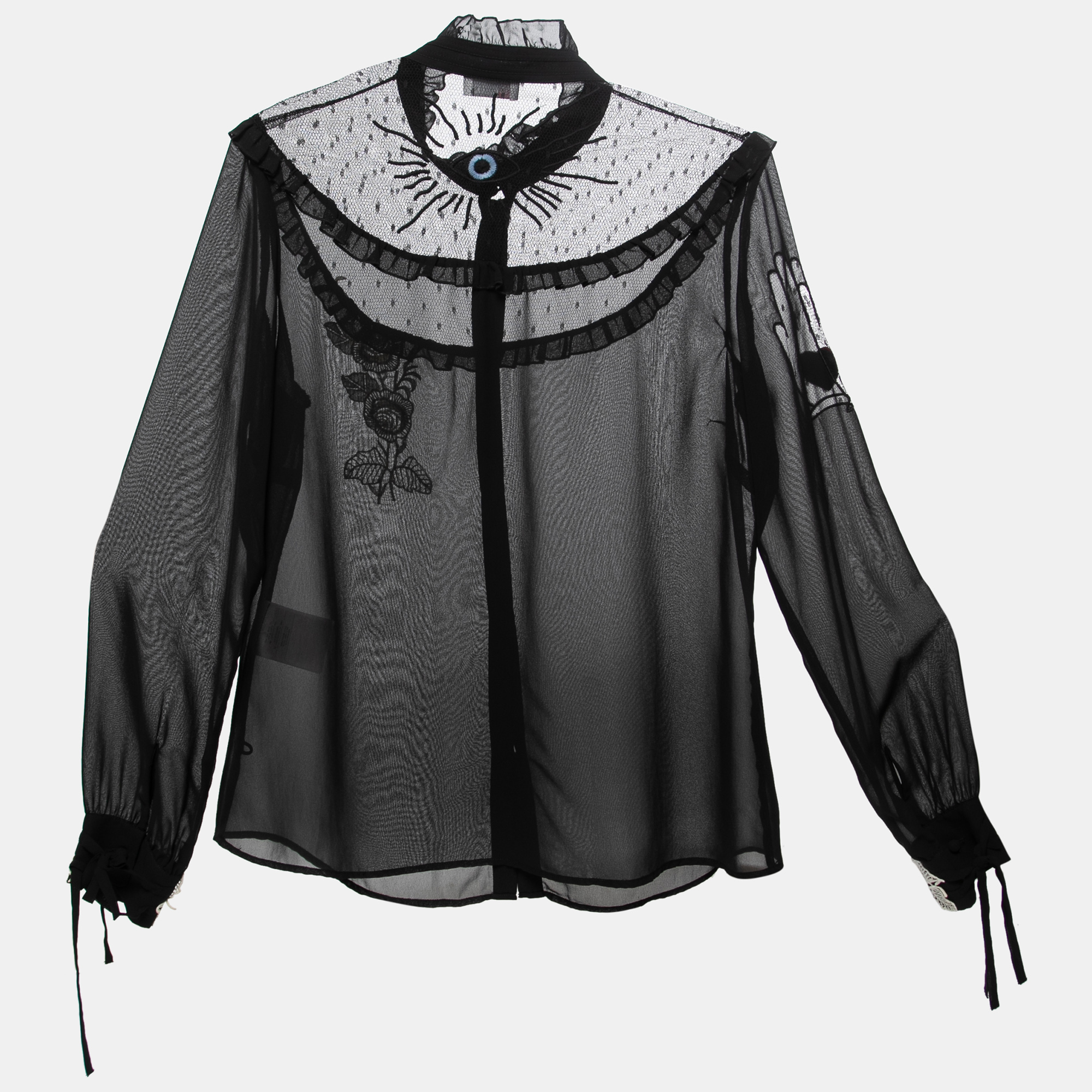 

RED Valentino Black Crepe and Net Mock Neck Long Sleeve Blouse