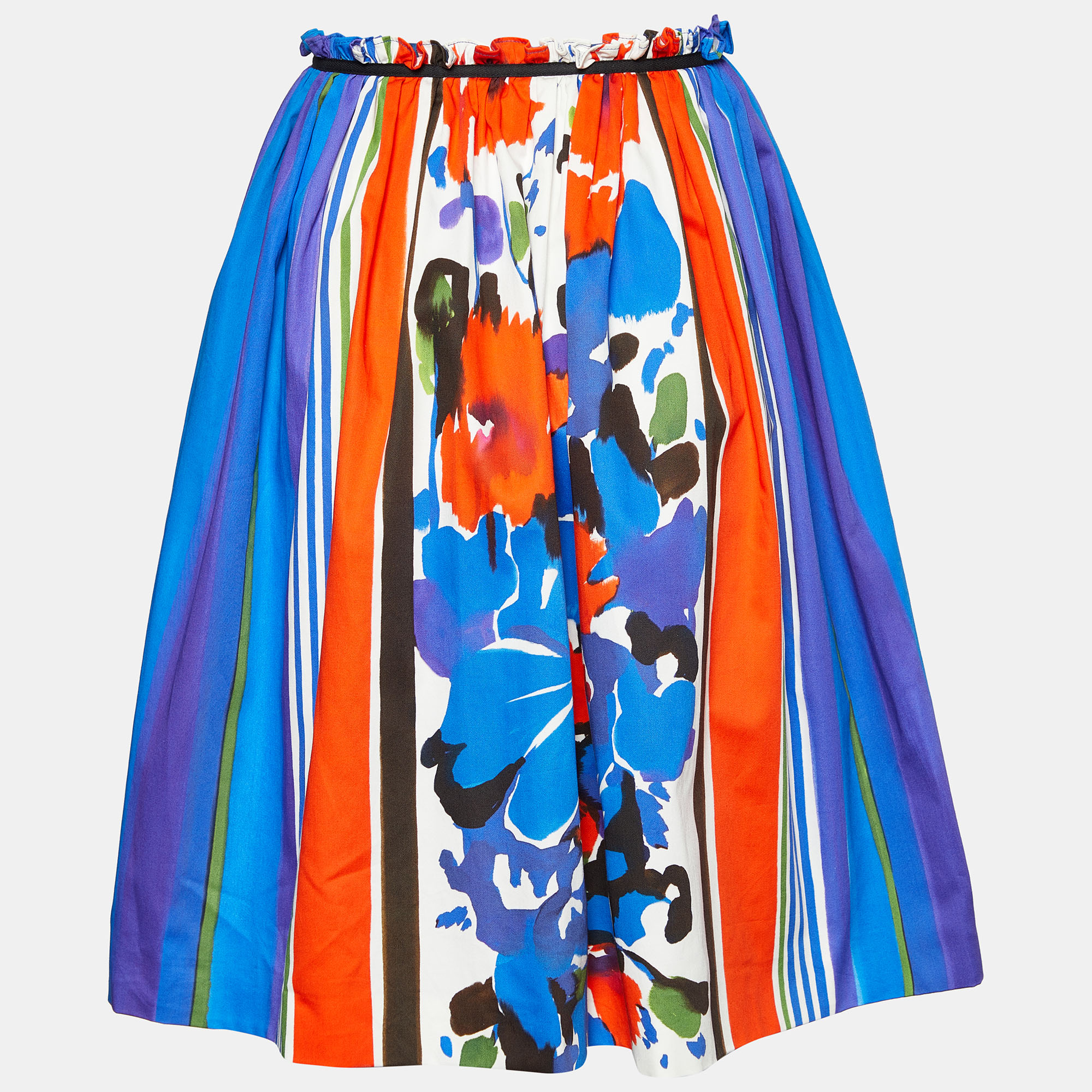

Red Valentino Blue Printed Cotton Paper Bag Waist Detail Midi Skirt