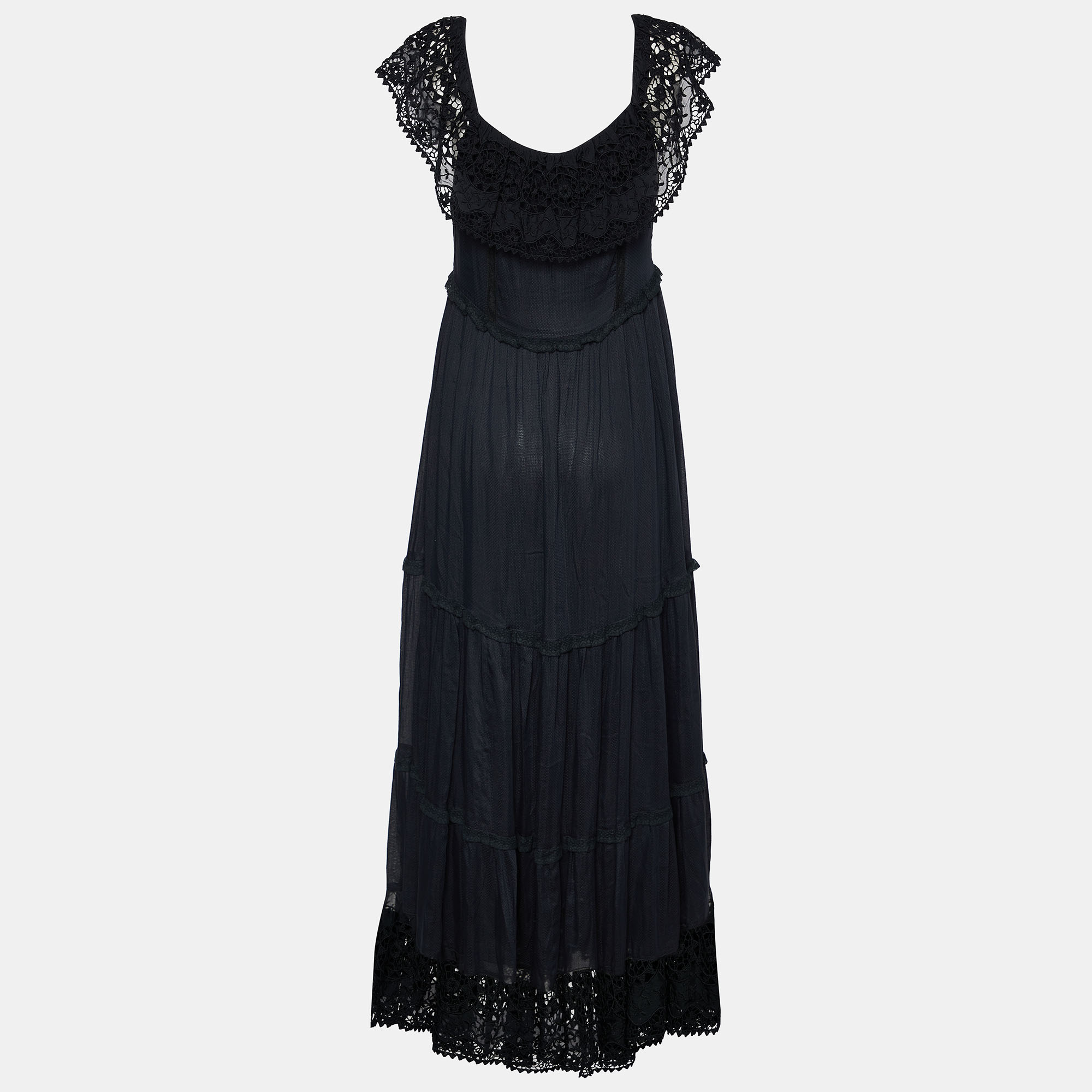 

RED Valentino Black Chiffon & Lace Trim Off Shoulder Maxi Dress