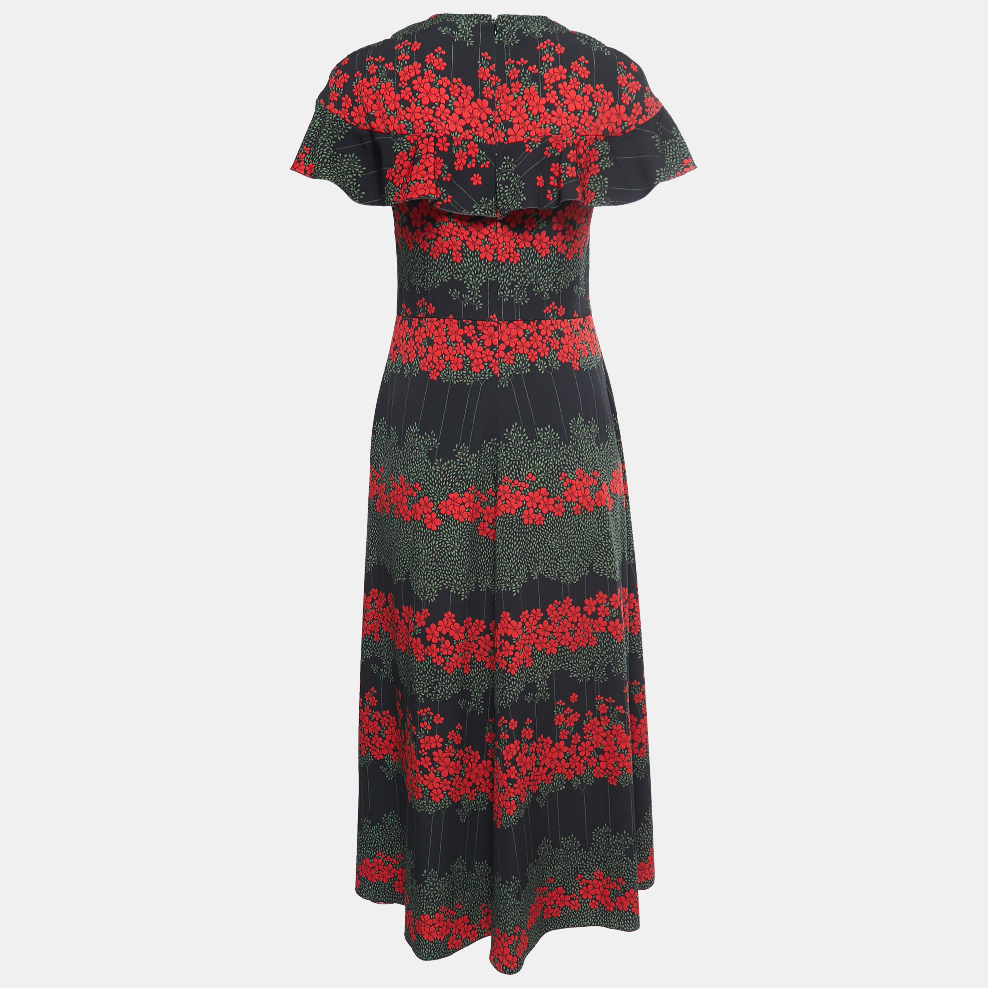 

RED Valentino Black Floral Printed Crepe Ruffled Sleeve Maxi Dress