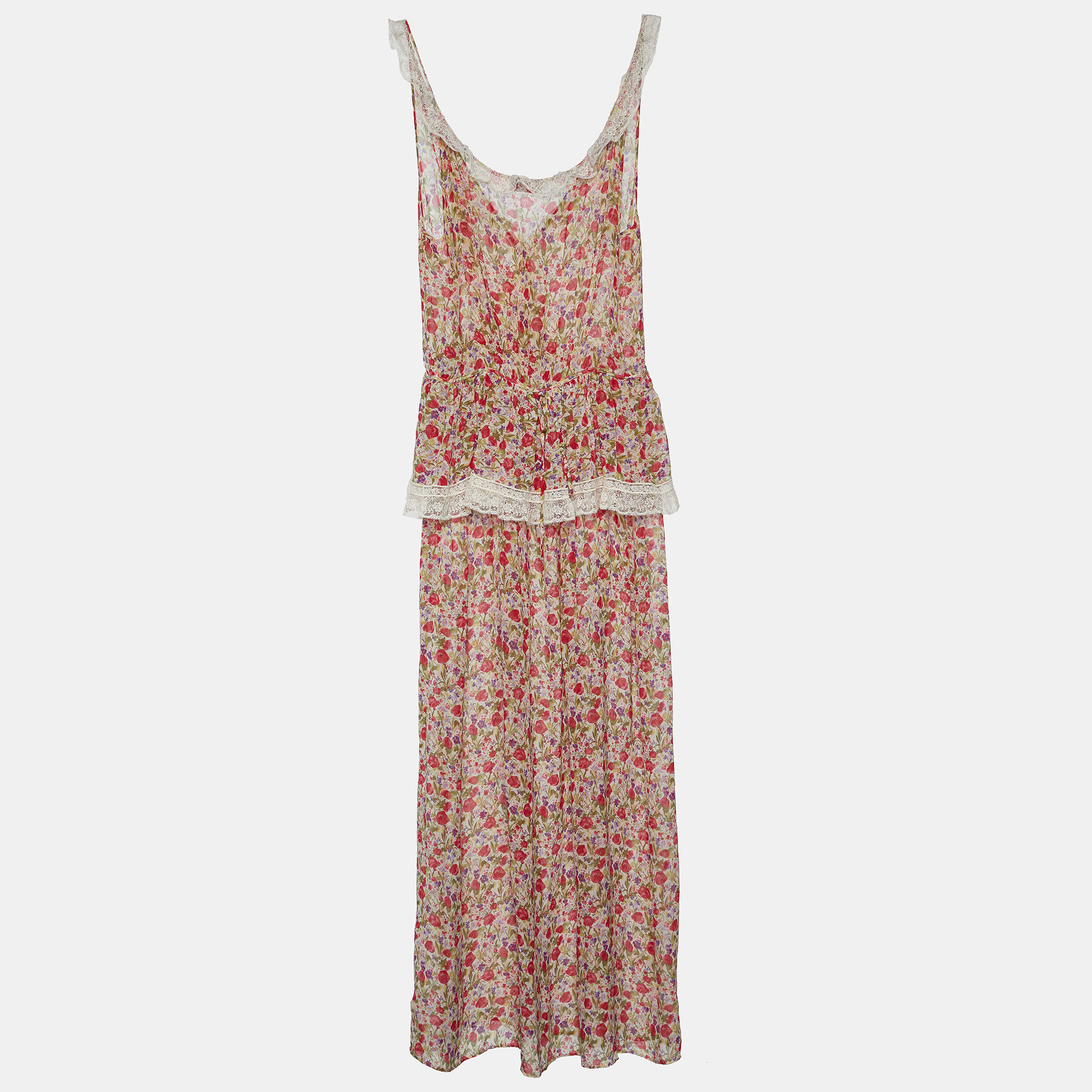 

RED Valentino Beige Floral Printed Silk Lace Trim Detail Maxi Dress