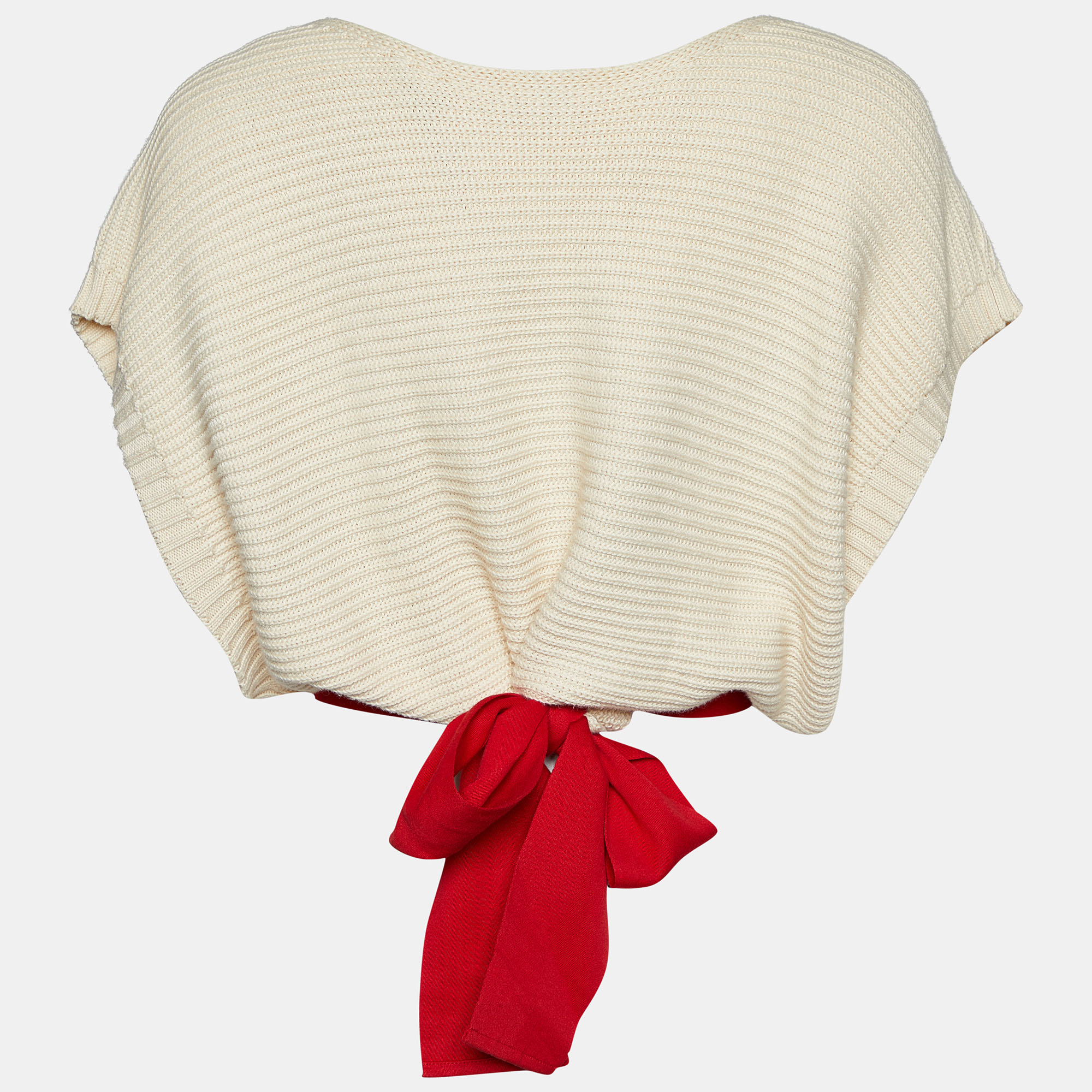 

RED Valentino Cream Embroidered Cotton Knit Waist Tie Detail Sweater