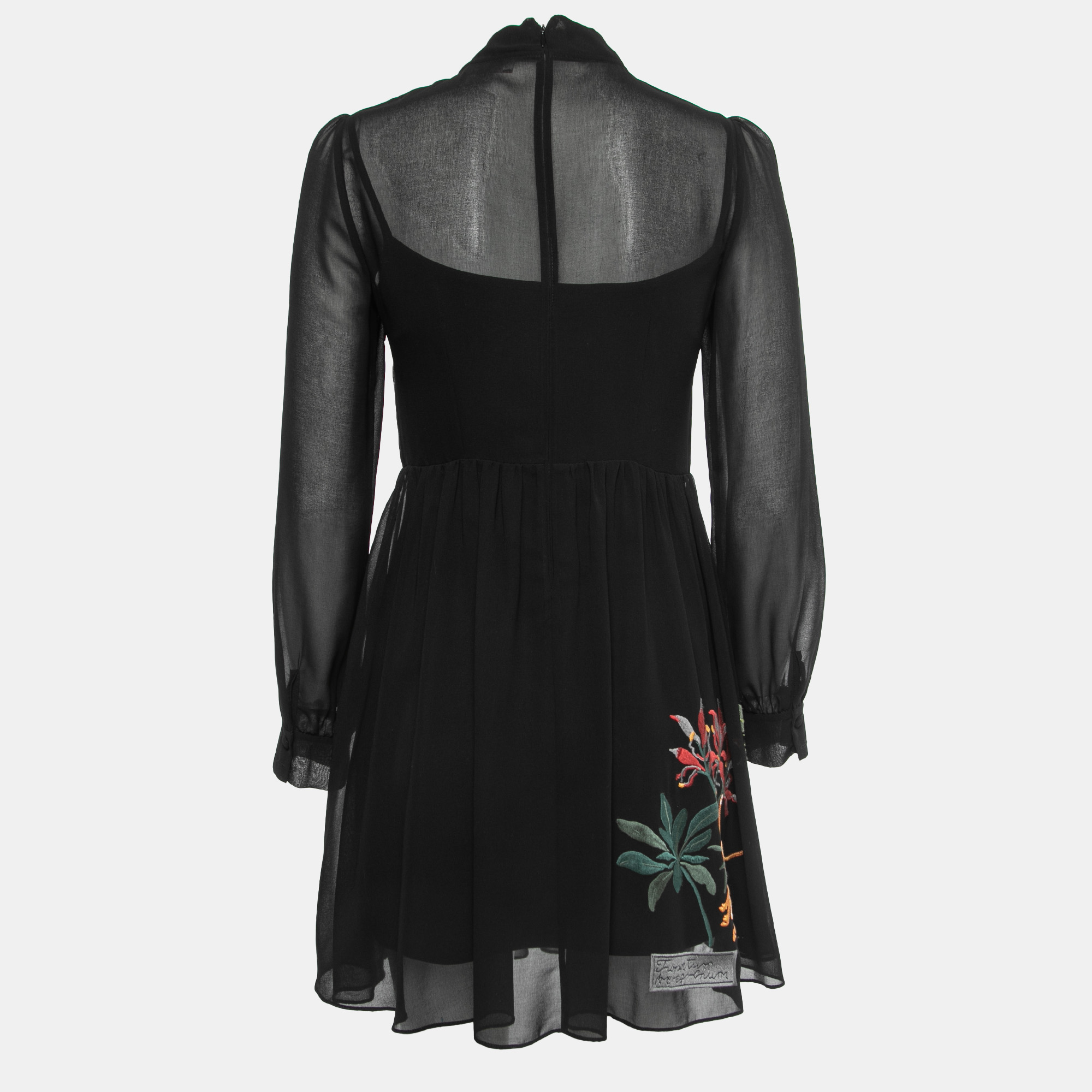 

RED Valentino Black Floral Embroidered Georgette Long Sleeve Mini Dress