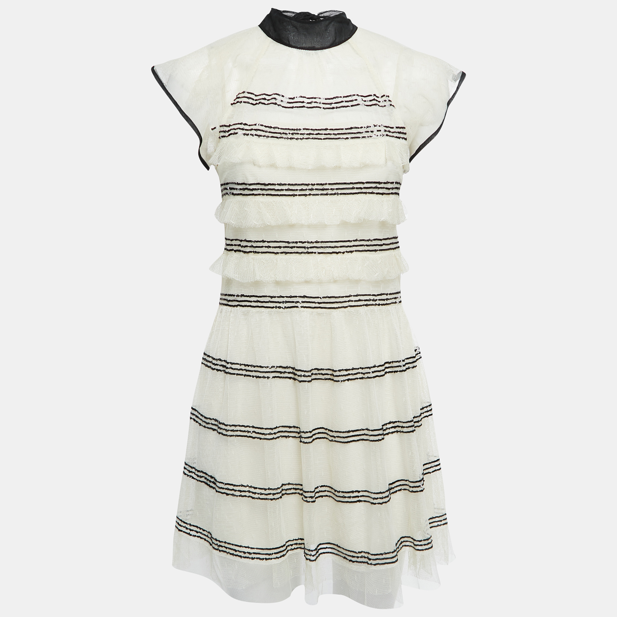 Pre-owned Red Valentino Ivory Tulle Contrast Sequined Neck Tie Detail Mini Dress S In White