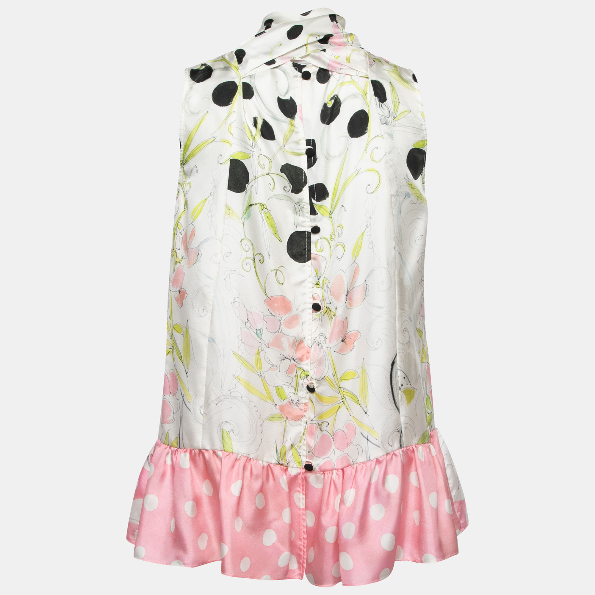 

RED Valentino White Printed Silk Button Back Sleeveless Top