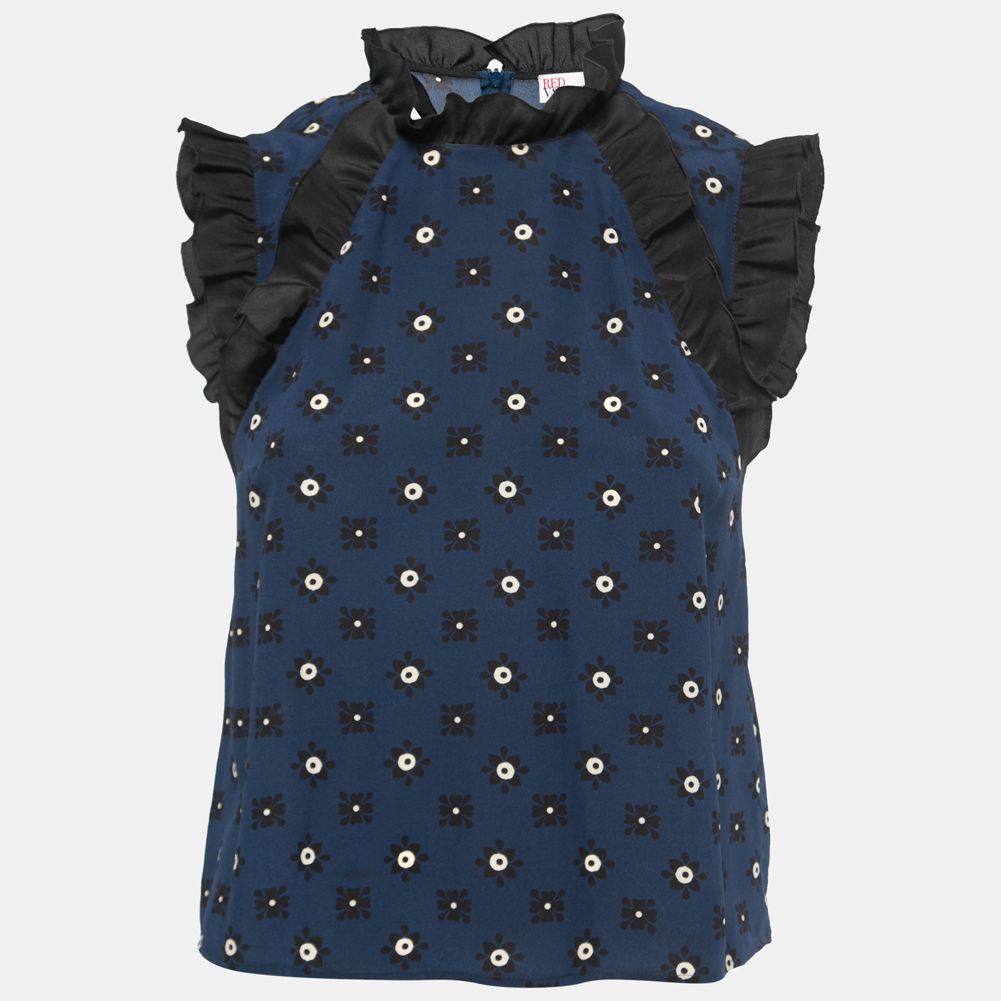 

RED Valentino Navy Blue Floral Print Silk Ruffled Sleeveless Blouse S