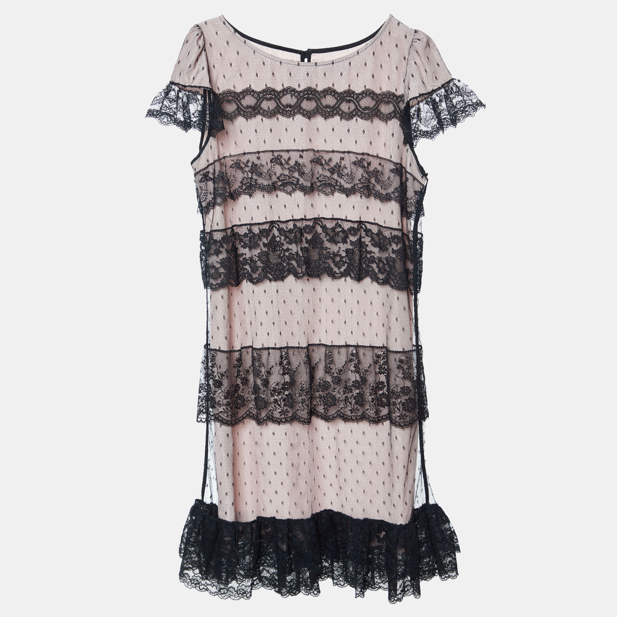 Pre-owned Red Valentino Black Tulle Lace & Pink Lined Mini Dress M