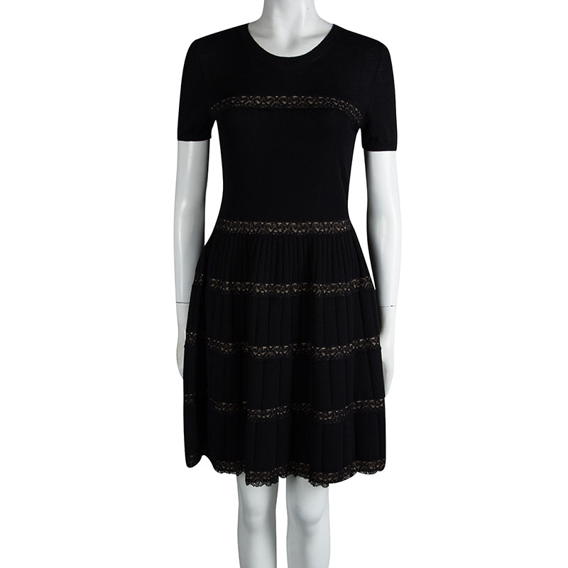 

RED Valentino Black Ribbed Knit Scallop Lace Detail Dress