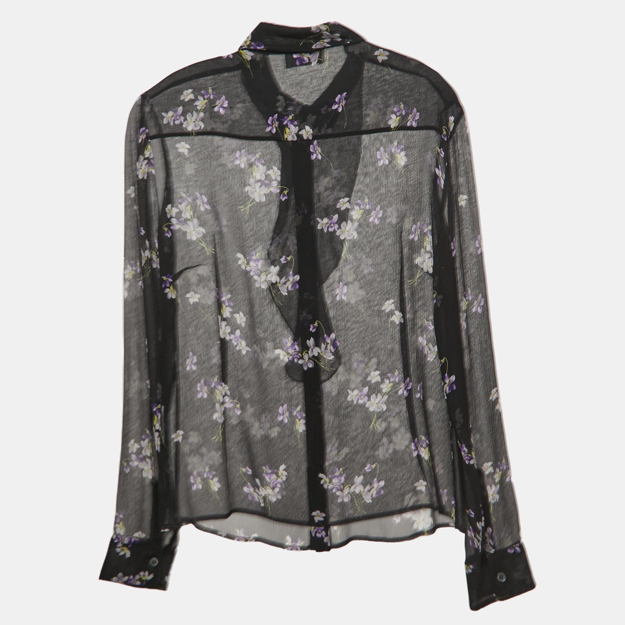 

RED Valentino Black Floral Print Chiffon Neck Tie Detail Shirt Blouse
