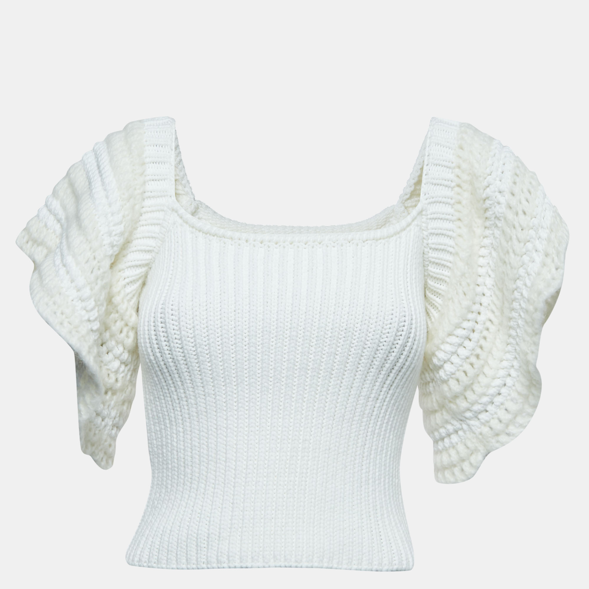 Pre-owned Red Valentino White Crochet Knit Flutter Sleeve Crop Top Xs